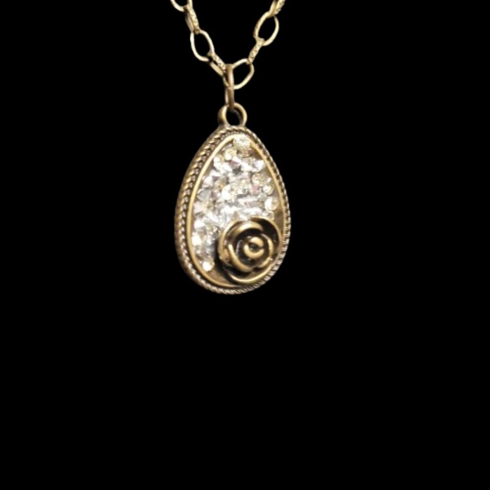 Antique Bronze Teardrop Rose and Crystal's Necklace